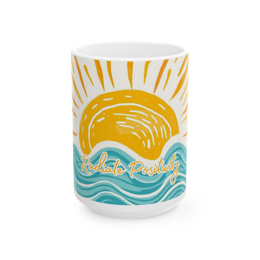 Radiate Positivity, Waves Mug — Radiant Sun & Handlettered "Radiate Positivity" Ceramic Coffee Cup