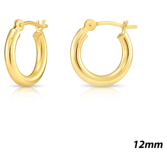 14K Yellow Gold Classic Polished round Gold Hoop Earrings (12Mm) for Girls