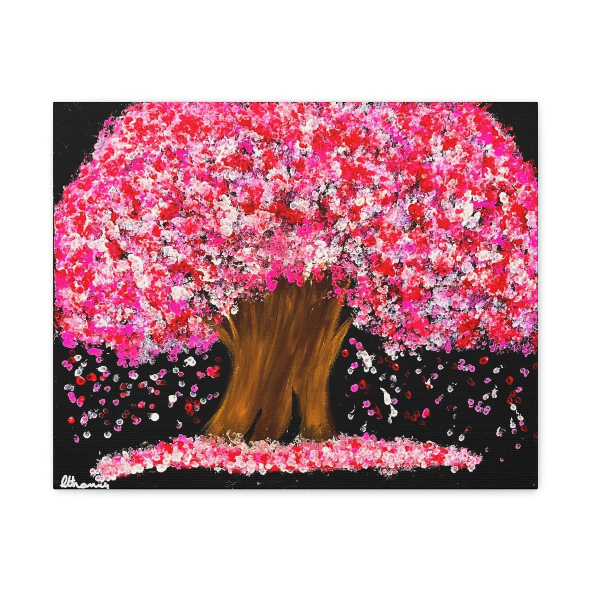 Enchanting Cherry Blossom Tree: Captivating Nighttime Canvas Art Print by Athanay Edward